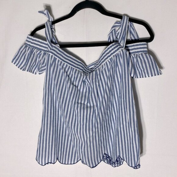 Guess Blue White Striped Off Shoulder Eyelet Trim Top M - Picture 2 of 13